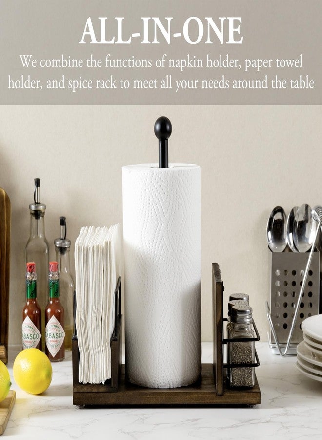 MyGift Rustic Burnt Solid Wood and Industrial Matte Black Metal Dining Combination Caddy with Paper Towel Roll Dispenser Stand, Napkin Holder, and Spice Rack - Image 2