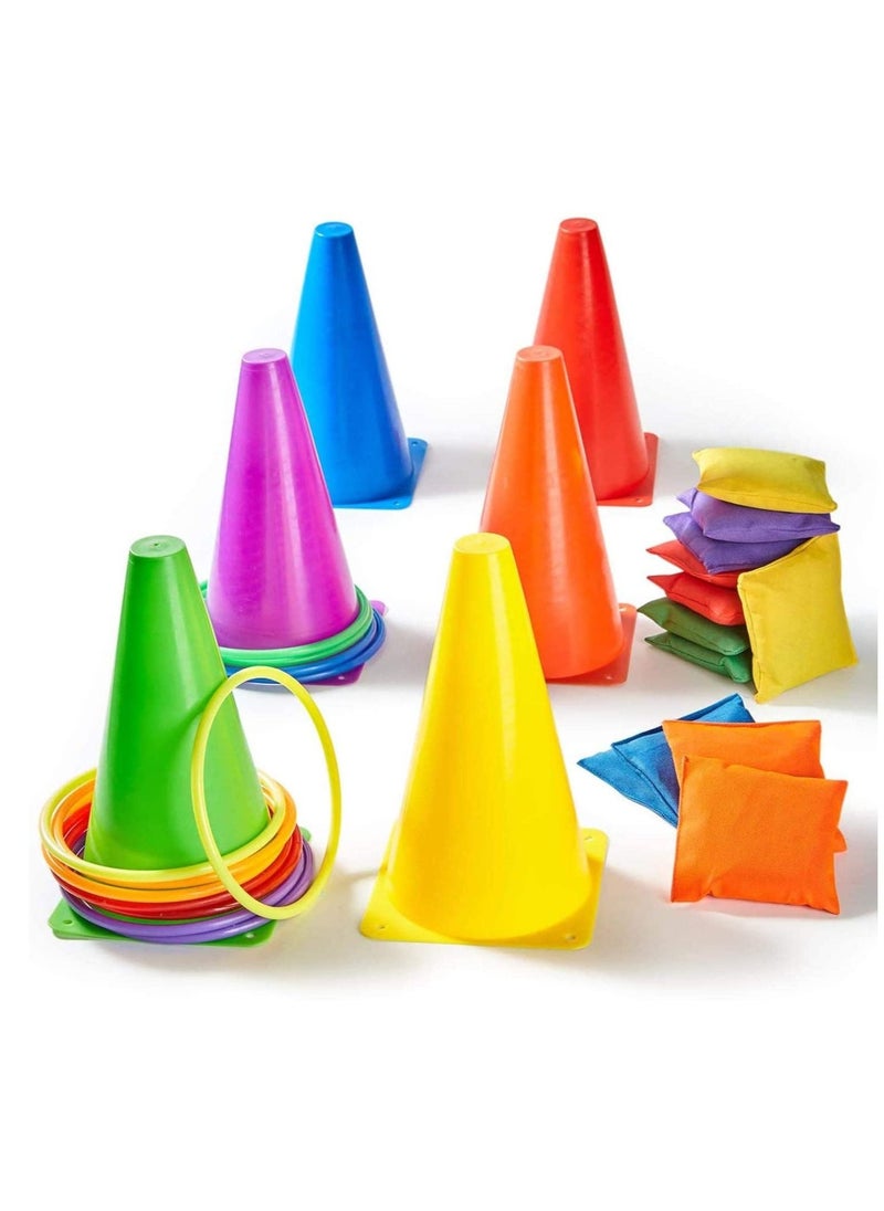 3 In 1 Funny Bean Bags Game Set Ring Toss Game 18 pcs Carnival Combo Set With Bean Bags Plastic Cones Throwing Rings For Kids and Adult Outdoor Indoor Activity - Image 1