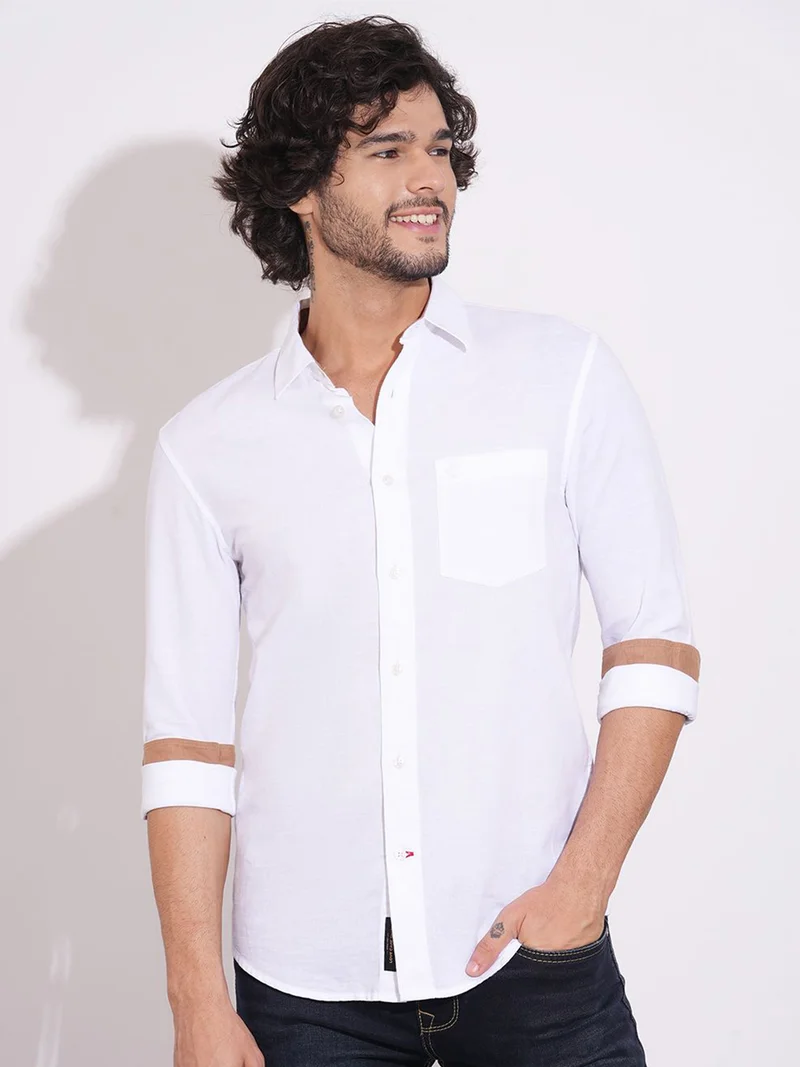 Being Human Slim Fit Spread Collar Long Sleeves Cotton Linen Shirt