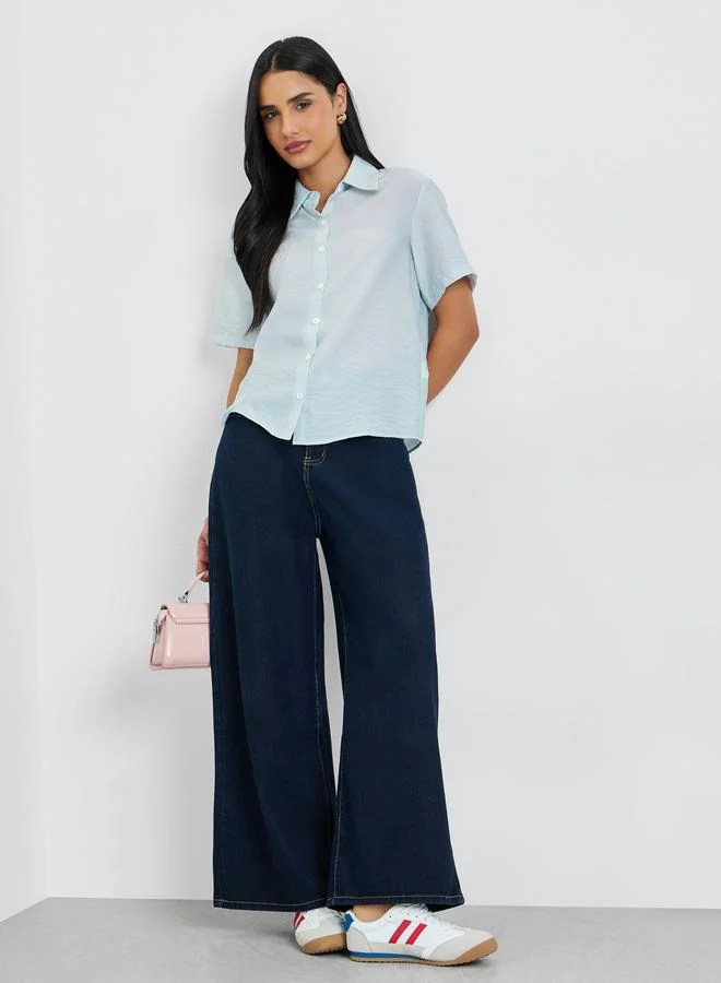 Styli Light Blue Solid Short Sleeve Shirt