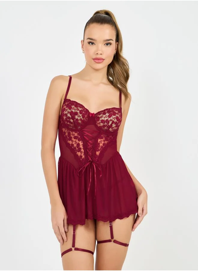 Styli Lace Up Peplum Babydoll with Suspender Straps & Thong Set