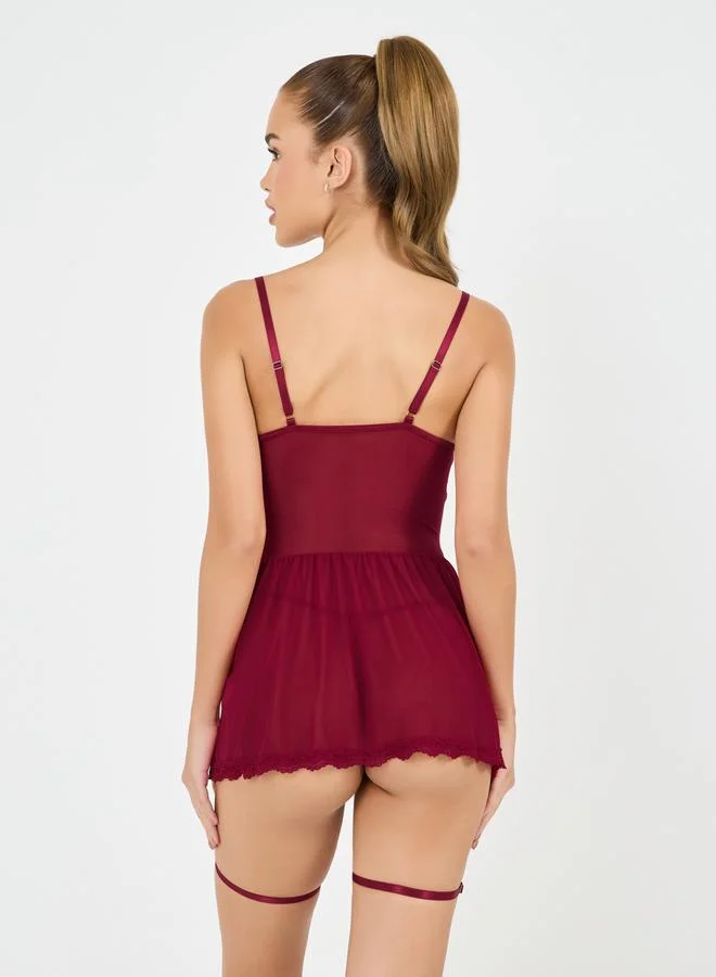 Styli Lace Up Peplum Babydoll with Suspender Straps & Thong Set