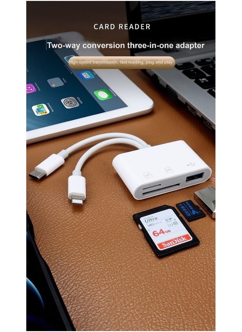 Generic - 3-in-1 Dual Interface Card Reader – USB + SD + TF Adapter with USB-C & Lightning Connectors for iPhone, iPad, Android, Laptop – OTG Plug & Play, Boxed Portable Design - Image 1