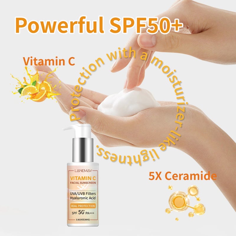 LANEMAY Vitamin C Facial Protection Cream 80g SPF50+ PA+++ Hyaluronic Acid  Moisturizing - Image 3