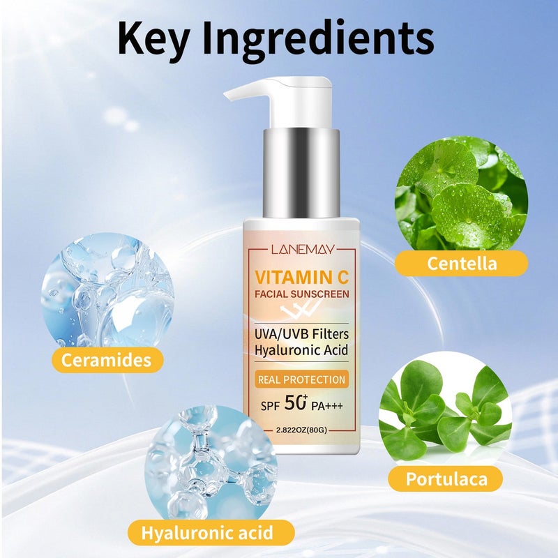 LANEMAY Vitamin C Facial Protection Cream 80g SPF50+ PA+++ Hyaluronic Acid  Moisturizing - Image 2