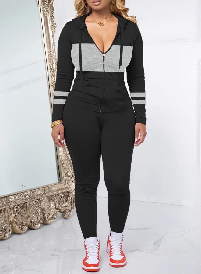 AUXDIO Women 2 Piece Outfits Color Block Casual Workout Sets Bodycon Tracksuit Zip Up Long Sleeve Hoodle Jacket Jogger Set, Black, S - Image 2