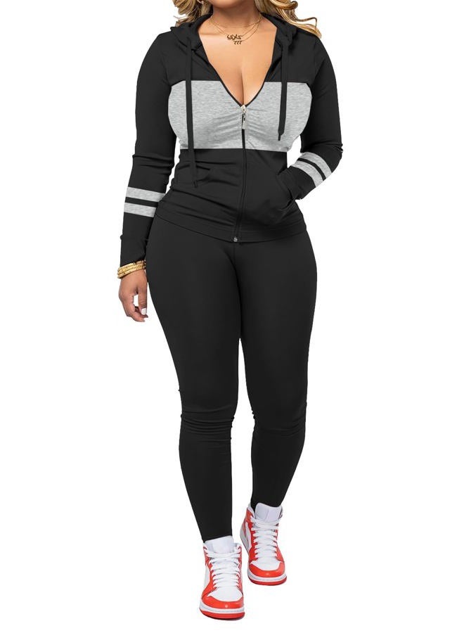 AUXDIO Women 2 Piece Outfits Color Block Casual Workout Sets Bodycon Tracksuit Zip Up Long Sleeve Hoodle Jacket Jogger Set, Black, S - Image 1
