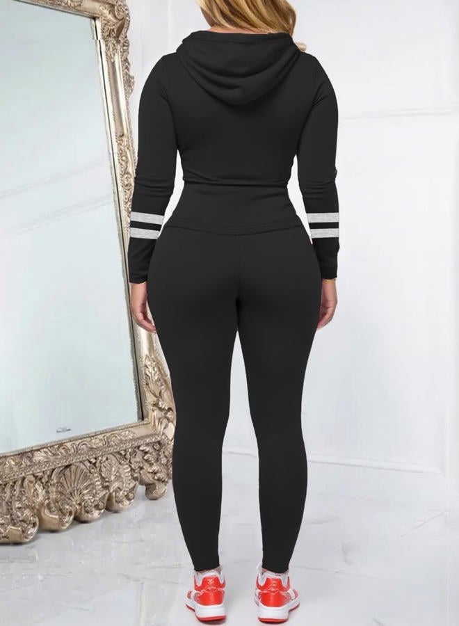 AUXDIO Women 2 Piece Outfits Color Block Casual Workout Sets Bodycon Tracksuit Zip Up Long Sleeve Hoodle Jacket Jogger Set, Black, S - Image 4