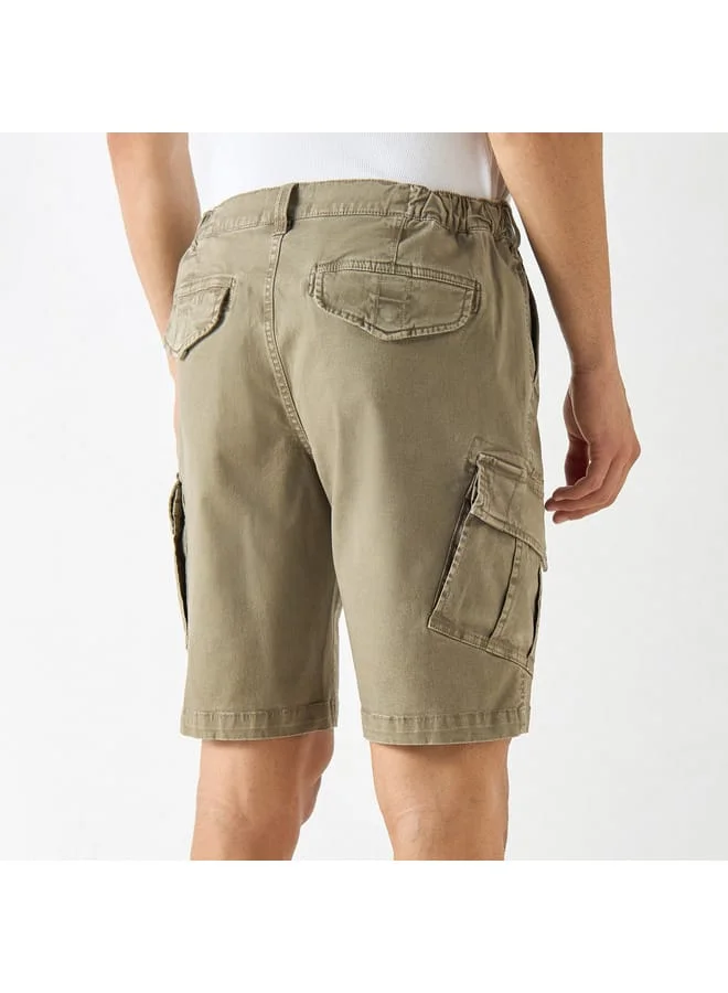 Ecko Unltd. Ecko Unltd Solid Relaxed Fit Cargo Shorts with Button Closure