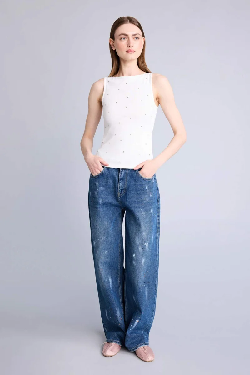 ديفاكتو Slim Fit Ribana Boat Collar Tank Top