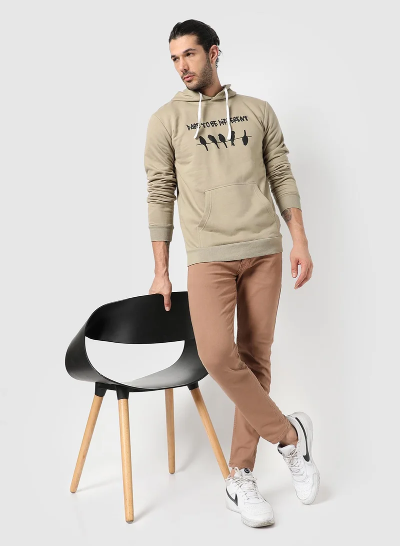 Campus Sutra Men's Olive Dare To Be Different Hoodie With Kangaroo Pocket For Casual Wear | Hood Neck | Long Sleeve | Pull On Closure | Cotton Sweatshirt Crafted With Comfort Fit For Everyday Wear