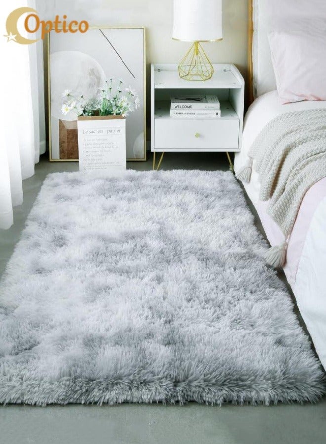 Optico Luxury Shag Area Rug, 50 x 160CM Non Slip Fluffy Shaggy Non Slip Throw Rugs Bedside Rug Indoor Floor Carpet Bedroom Carpet Plush Fuzzy Rug Soft Shag Shaggy Fuzzy Carpet, Tie-Dye Gray - Image 1