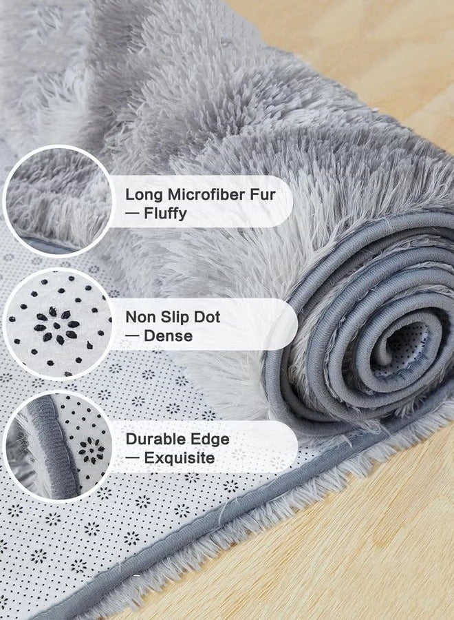 Optico Luxury Shag Area Rug, 50 x 160CM Non Slip Fluffy Shaggy Non Slip Throw Rugs Bedside Rug Indoor Floor Carpet Bedroom Carpet Plush Fuzzy Rug Soft Shag Shaggy Fuzzy Carpet, Tie-Dye Gray - Image 2