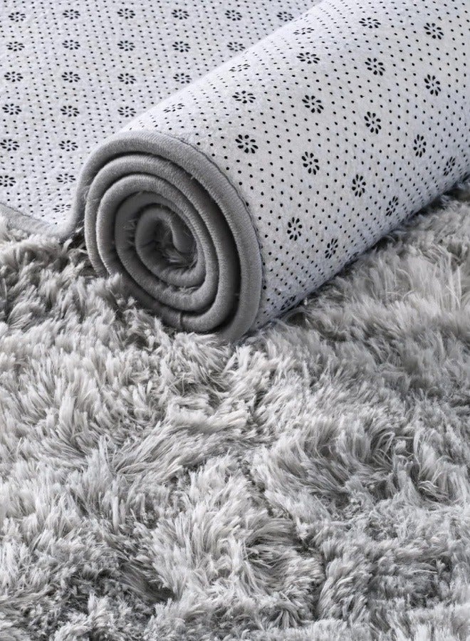 Optico Luxury Shag Area Rug, 50 x 160CM Non Slip Fluffy Shaggy Non Slip Throw Rugs Bedside Rug Indoor Floor Carpet Bedroom Carpet Plush Fuzzy Rug Soft Shag Shaggy Fuzzy Carpet, Tie-Dye Gray - Image 3