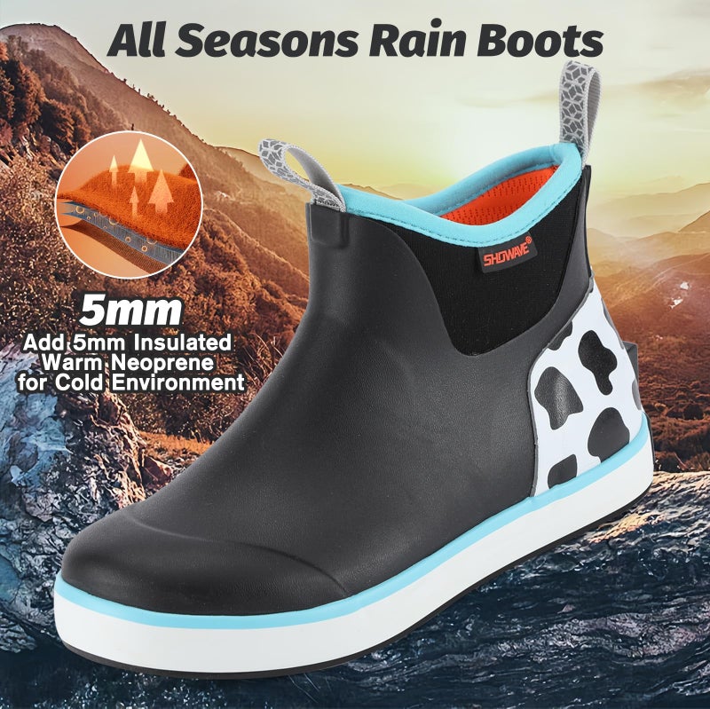 Showave Kid's Rain Boots Girl's Deck Boots Waterproof Boy's Rain Boot Non Slip Neoprene Rubber Boot Ankle Mud Booties(Cow-blue Print,7 Bid Kid) - Image 5