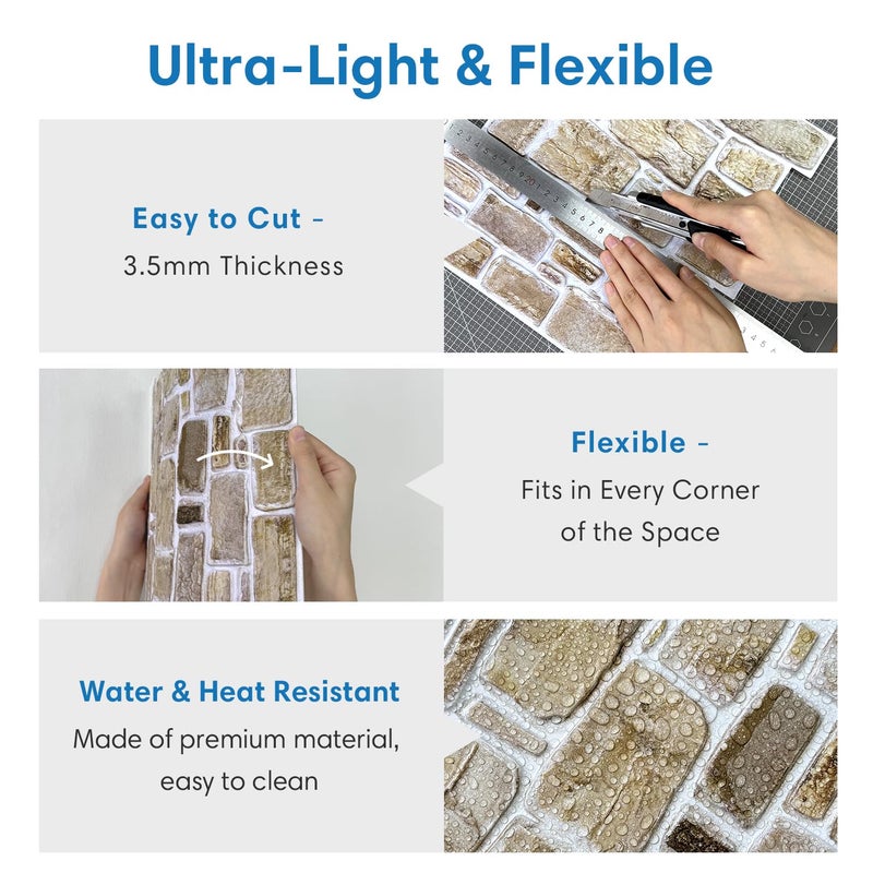 COMSTICKC 3D Faux Stone Peel and Stick Wall Panel, Faux Brick Wall Panels, 10 Pcs of 12"X12" Lightweight Thin PVC Rock Adhesive Fake Brick Backsplash Kitchen Living Room, Paintable - Image 4