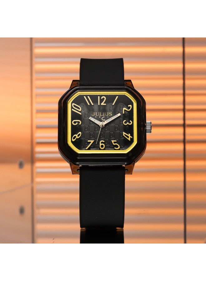 Julius Women's Dopamine Gift Student Sports Luminous Rubber Waterproof Quartz Watch Black Gold Ja-1491g - Image 2