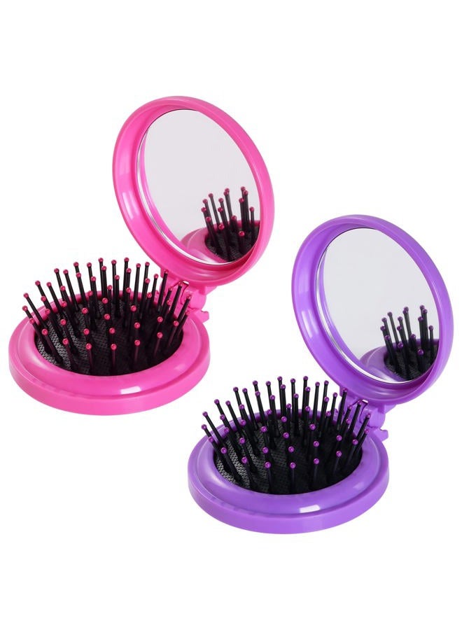 Heliltd 2pcs Folding Travel Mirror Hair Brushes Round Mirror Pocket Hair Brush Portable Mini Pop Up Hair Brushes for Women Girls Wet and Dry Hair - Image 1