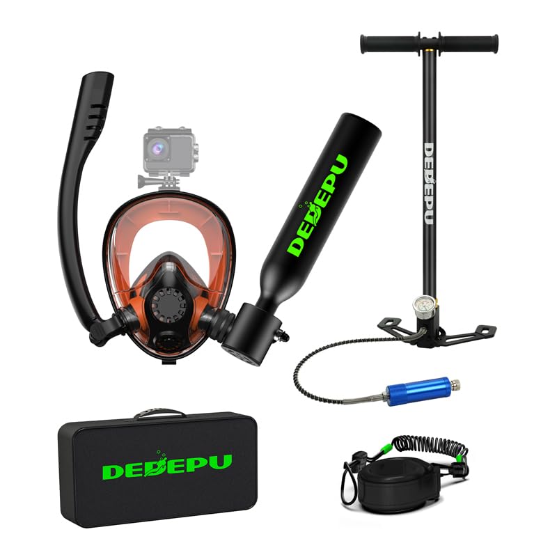 DEDEPU Mini Scuba Tank with Snorkel Mask and Hand Pump, DEDEPU 0.5L Portable Diving Tank with Full Face Diving Mask, 5-10 Mins Underwater Breathing, Pony Bottle Rescue Backup Cylinder - Image 1