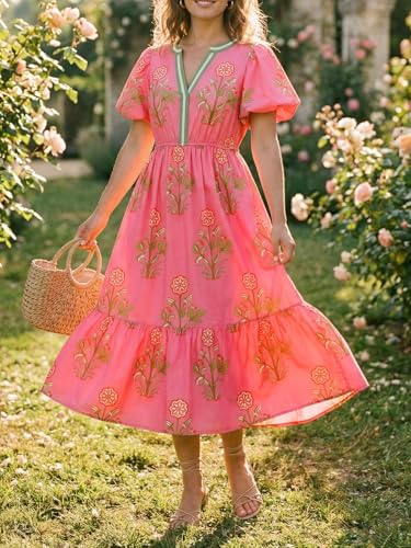 Cicy Bell Womens Summer Floral Print Maxi Dress A Line Puff Short Sleeve V Neck Boho Dresses Flowy Beach Vacation Outfits - Image 2