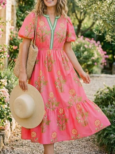 Cicy Bell Womens Summer Floral Print Maxi Dress A Line Puff Short Sleeve V Neck Boho Dresses Flowy Beach Vacation Outfits - Image 5
