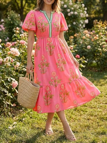 Cicy Bell Womens Summer Floral Print Maxi Dress A Line Puff Short Sleeve V Neck Boho Dresses Flowy Beach Vacation Outfits - Image 4