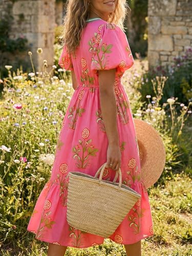 Cicy Bell Womens Summer Floral Print Maxi Dress A Line Puff Short Sleeve V Neck Boho Dresses Flowy Beach Vacation Outfits - Image 3