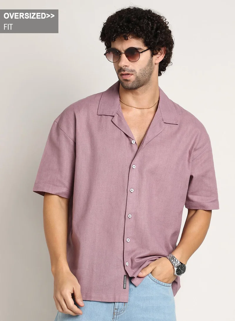 Campus Sutra Campus Sutra Men's Rouge Pink Solid Resort Oversized Shirt For Casual Wear | Cuban Collar | Short Regular Sleeves | Button Closure | Oversized Shirt Crafted With Comfort Fit For Everyday Wear