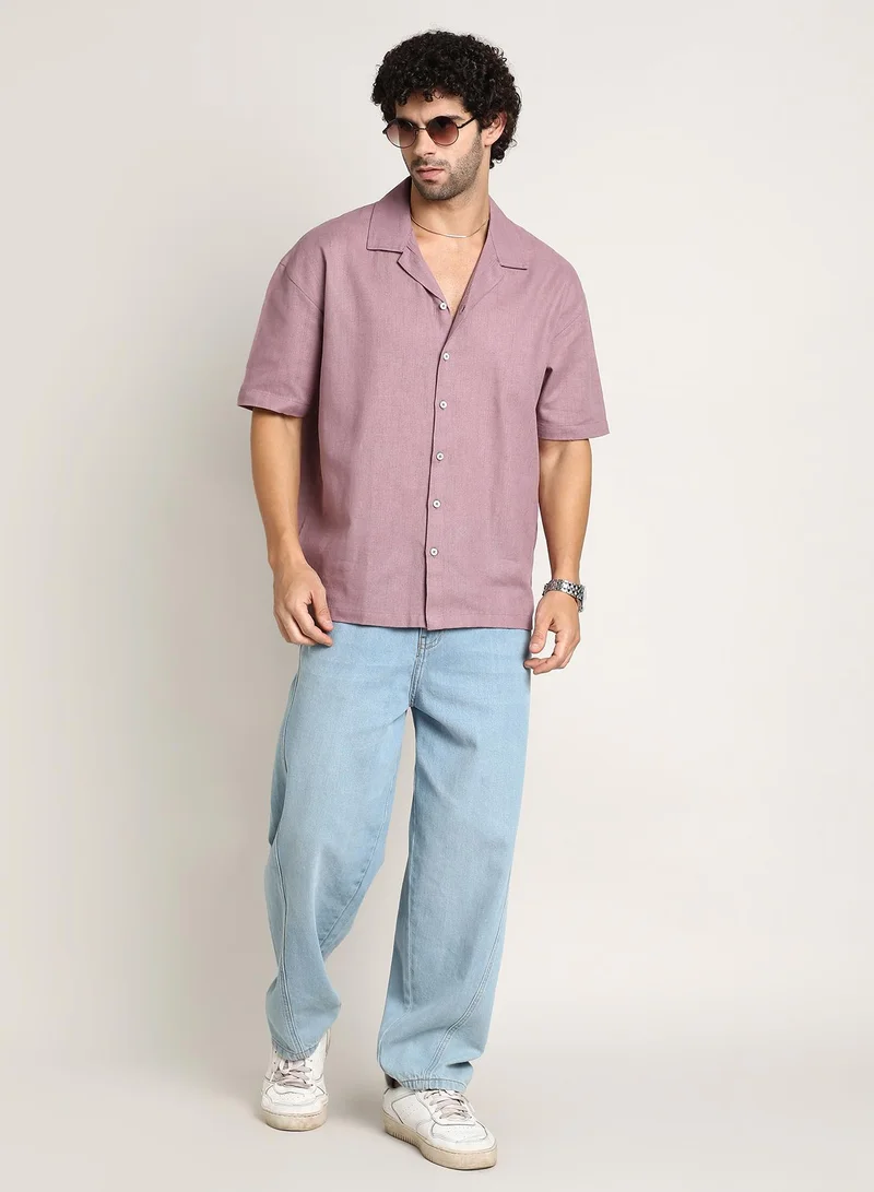 Campus Sutra Campus Sutra Men's Rouge Pink Solid Resort Oversized Shirt For Casual Wear | Cuban Collar | Short Regular Sleeves | Button Closure | Oversized Shirt Crafted With Comfort Fit For Everyday Wear