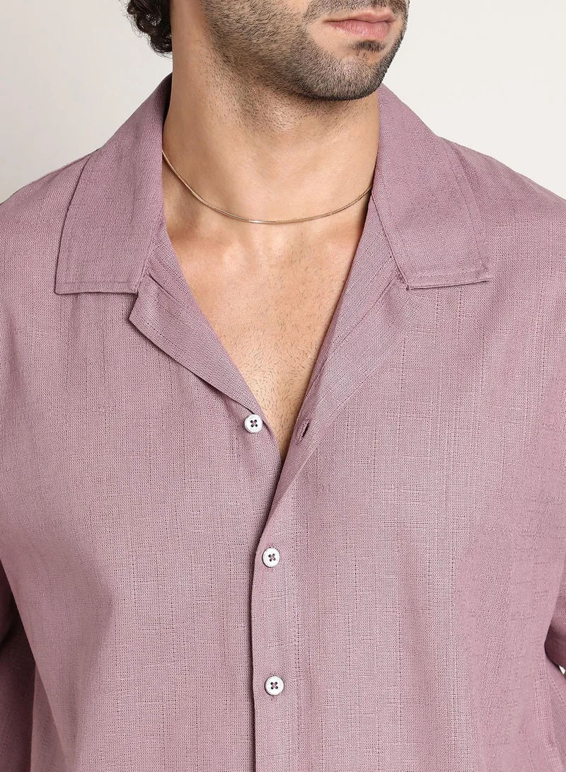 Campus Sutra Campus Sutra Men's Rouge Pink Solid Resort Oversized Shirt For Casual Wear | Cuban Collar | Short Regular Sleeves | Button Closure | Oversized Shirt Crafted With Comfort Fit For Everyday Wear