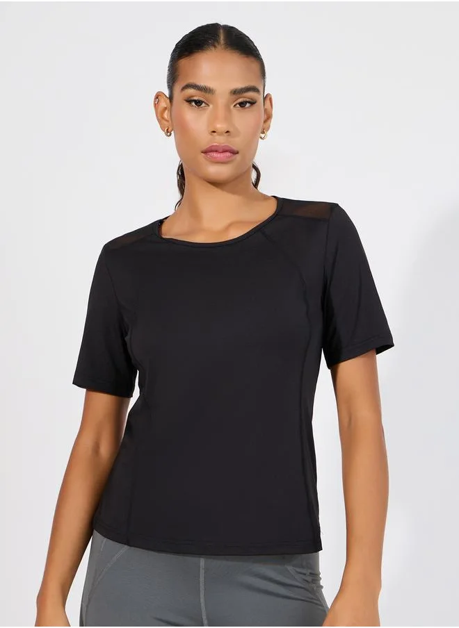 Styli Back Peep Text Detail Mesh Insert Short Sleeve Top