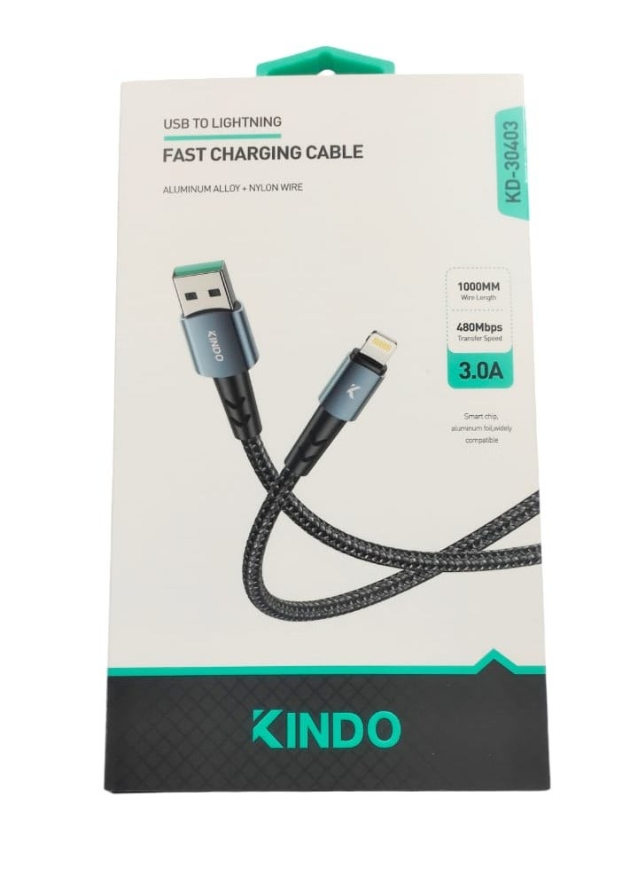 كيندو كابل USB إلى Lightning 3.0A سلك شحن سريع مجدول من النايلون. 1000 مللي متر-480 ميجابت في الثانية - Image 1