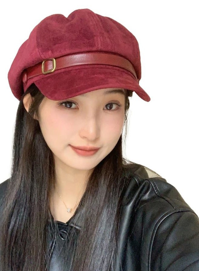 EMGILL Vintage Newsboy Hats Winter Suede Caps Women's Octagonal Hat Fashion Gatsby Cabbie Baker Visor Beret Hat, Winered, M - Image 1