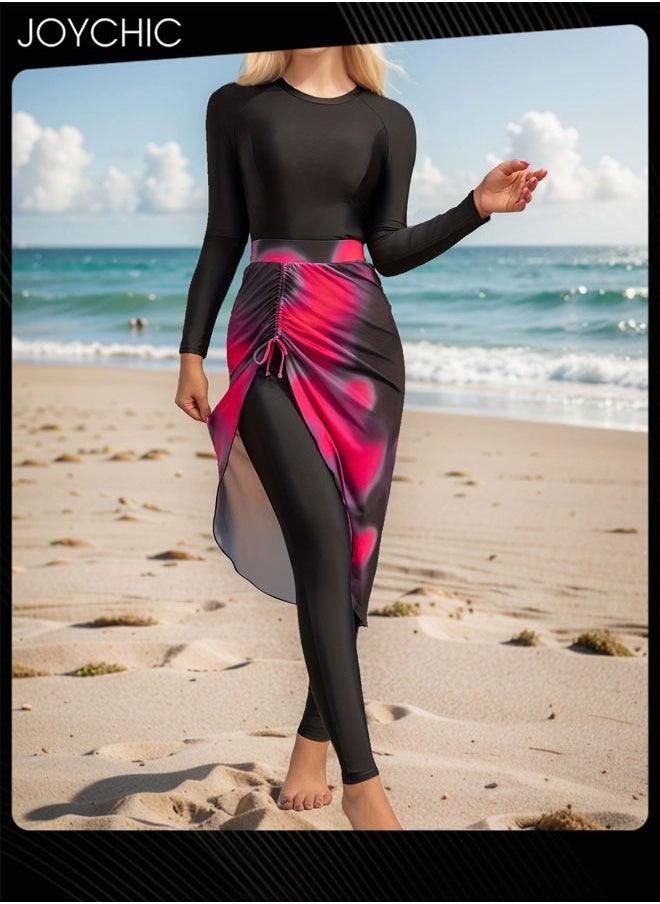 Joychic 3 piece Women Fashionable Conservative Ladies Summer Long Sleeved Sun Protection Quick-drying Beach Swimwear with Print Tulle Skirt  - Image 1