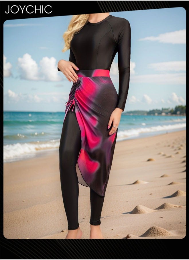Joychic 3 piece Women Fashionable Conservative Ladies Summer Long Sleeved Sun Protection Quick-drying Beach Swimwear with Print Tulle Skirt  - Image 4