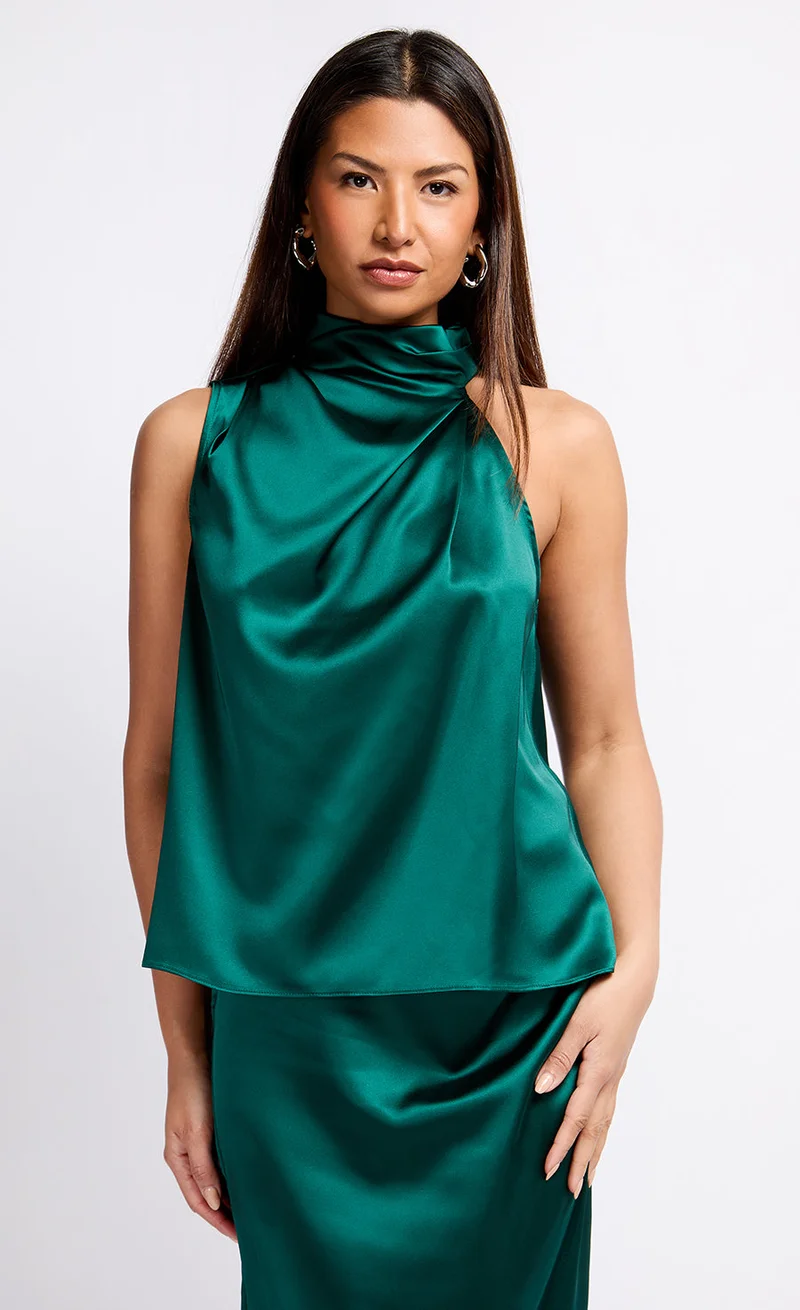 Little Mistress Green Satin Drape Top