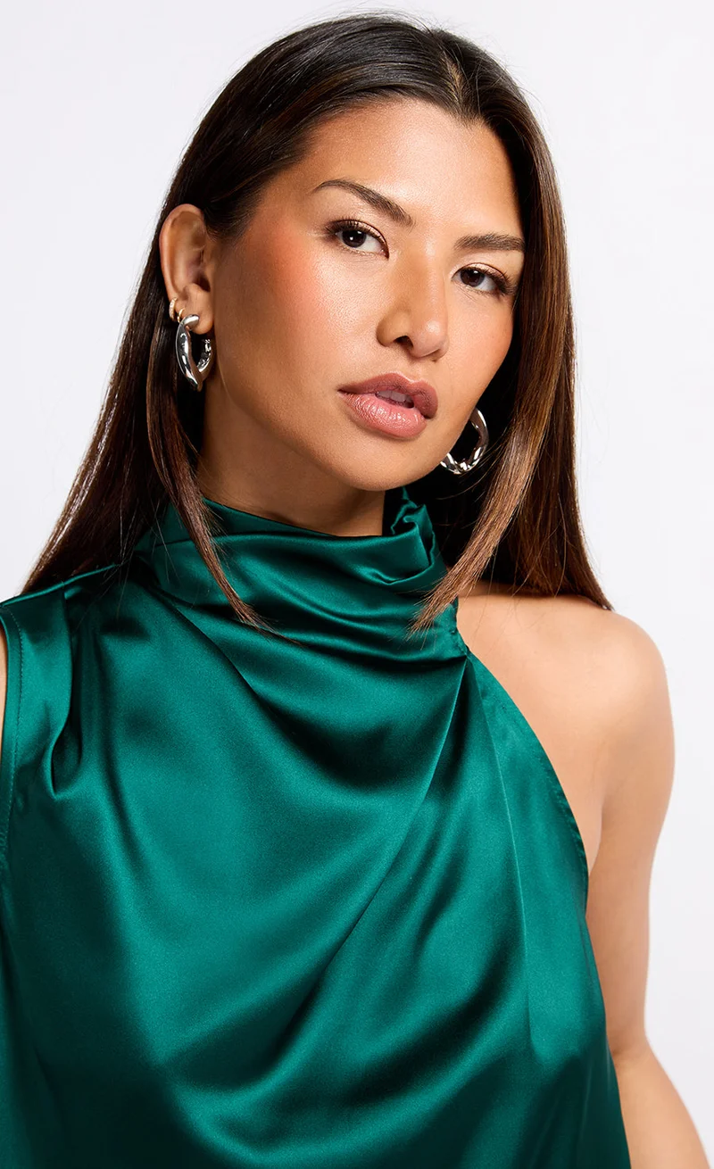 Little Mistress Green Satin Drape Top