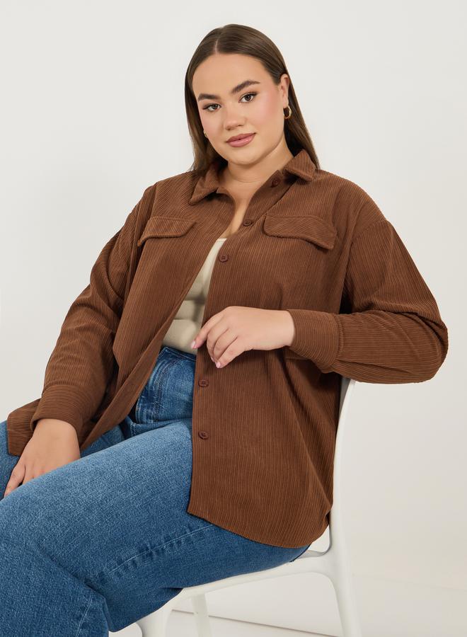 Styli Plus Size Corduroy Oversized Shirt with Flap Pocket Detail - Image 1