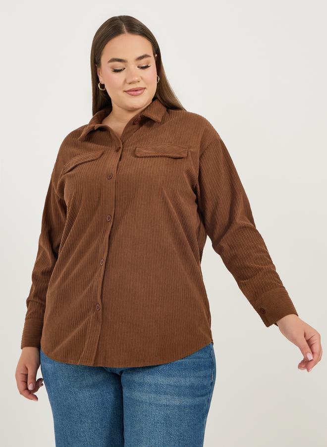 Styli Plus Size Corduroy Oversized Shirt with Flap Pocket Detail - Image 3