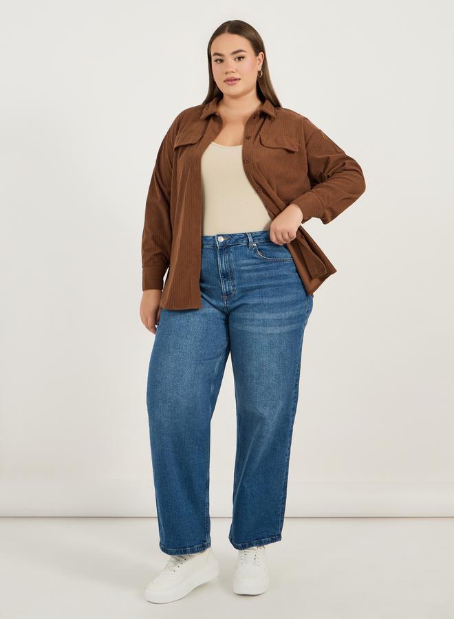 Styli Plus Size Corduroy Oversized Shirt with Flap Pocket Detail - Image 2