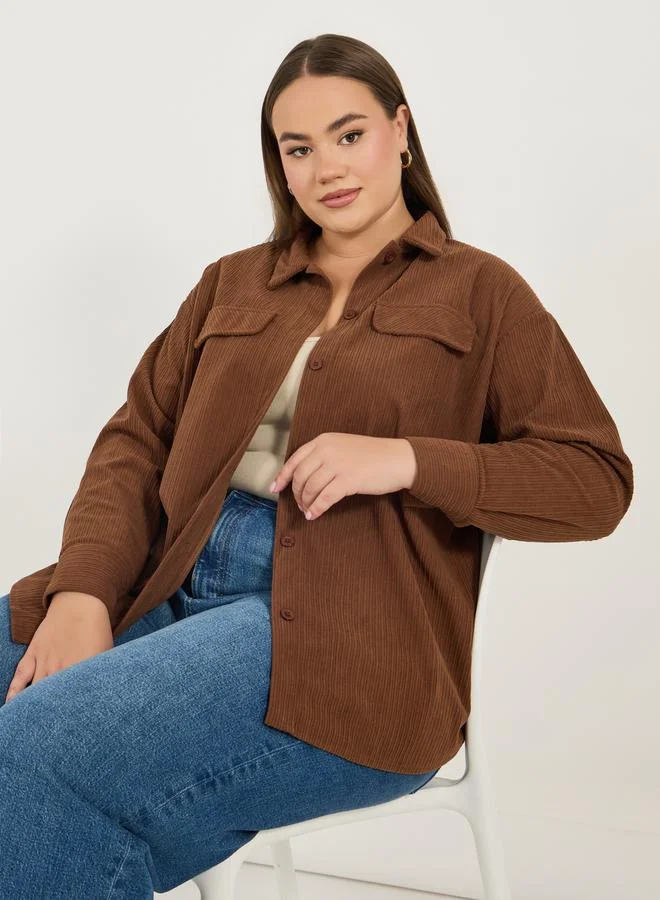 Styli Plus Size Corduroy Oversized Shirt with Flap Pocket Detail