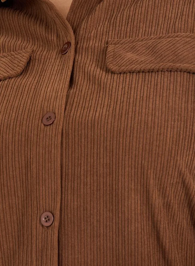 Styli Plus Size Corduroy Oversized Shirt with Flap Pocket Detail