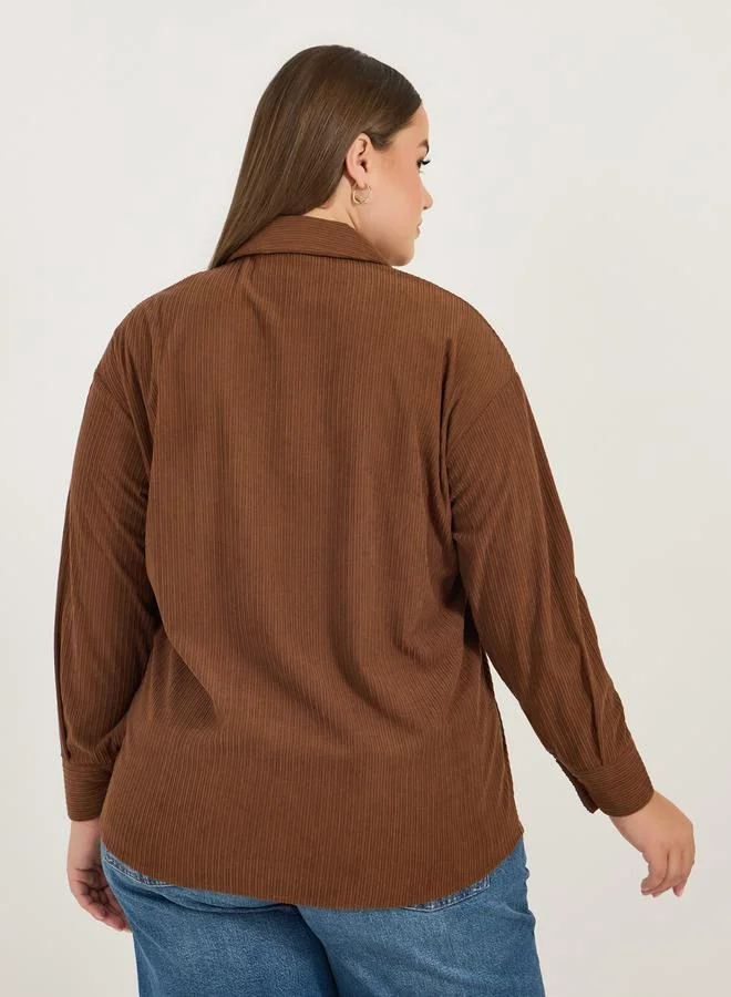 Styli Plus Size Corduroy Oversized Shirt with Flap Pocket Detail