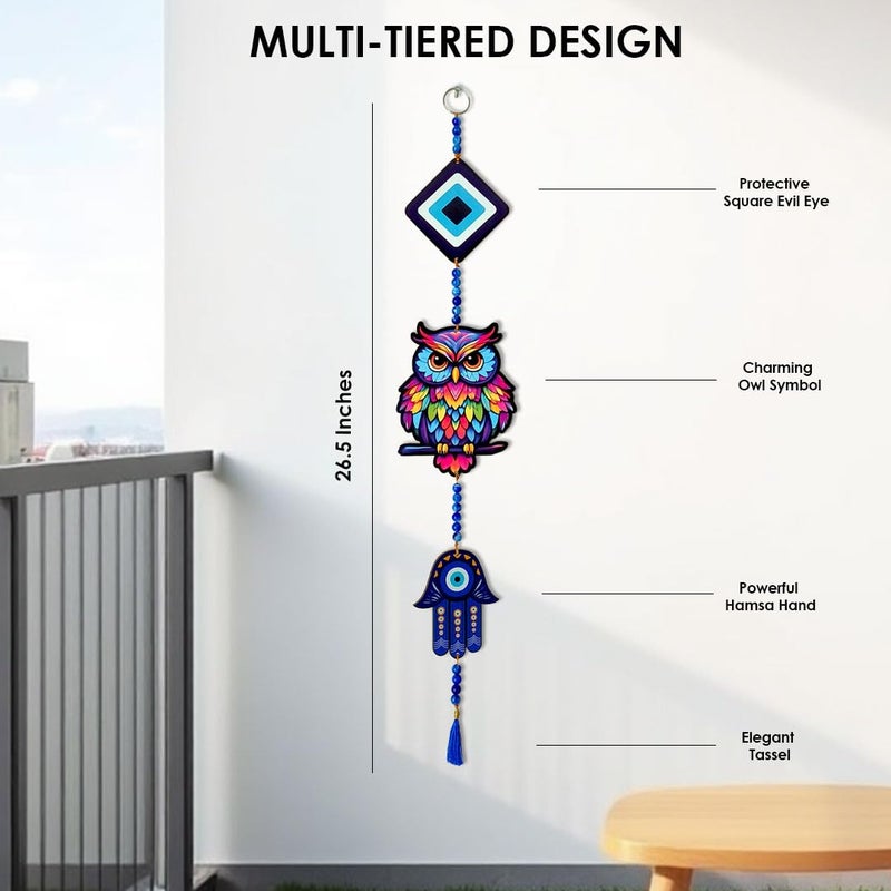 SOLOBOLO Evil Eye Wall Hanging Decor | Nazar Battu for Entrance | Beautiful Suraksha Kawach for Door Entrance | Home & Office Décor | Ward Off Nazar Dosh | Vastu Spiritual Home Décor (Owl 3 Tier) - Image 4