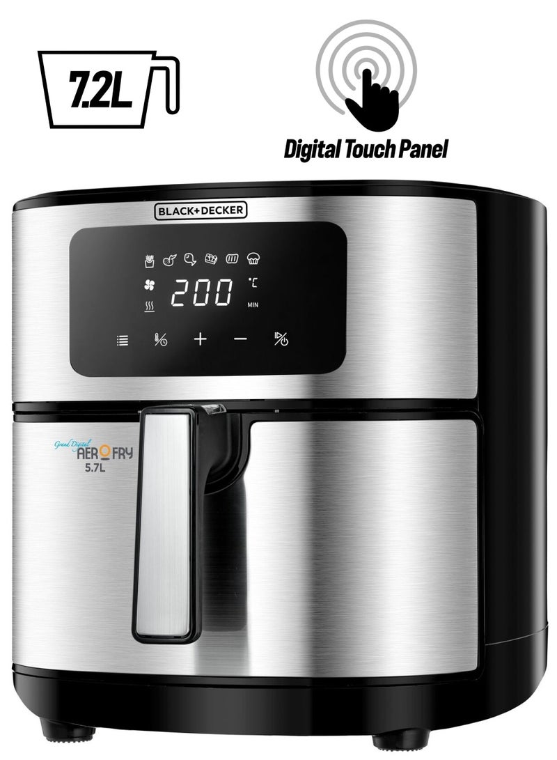 BLACK+DECKER 6-in-1 Air Fryer, 7.2L, Digital Touch Control, Rapid Air Convection, 5.7L Basket, Adjustable Temp 80-200°C, Auto-Off, Cool-Touch Handle, Non-Stick 5.7 L 1500 W AF7257-B5 Stainless steel - Image 1