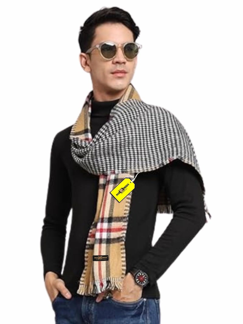 Pick Ur Needs Reversible Winter Muffler for Men | Premium Soft Wool Blend Scarf | Dual-Design Check & Houndstooth Pattern | Warm & Stylish Winter Neck Wrap (Yellow) - Image 1