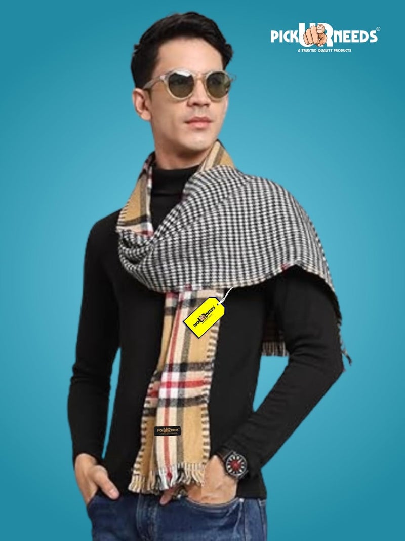 Pick Ur Needs Reversible Winter Muffler for Men | Premium Soft Wool Blend Scarf | Dual-Design Check & Houndstooth Pattern | Warm & Stylish Winter Neck Wrap (Yellow) - Image 5