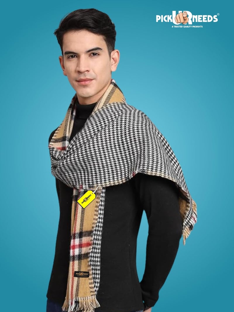 Pick Ur Needs Reversible Winter Muffler for Men | Premium Soft Wool Blend Scarf | Dual-Design Check & Houndstooth Pattern | Warm & Stylish Winter Neck Wrap (Yellow) - Image 2