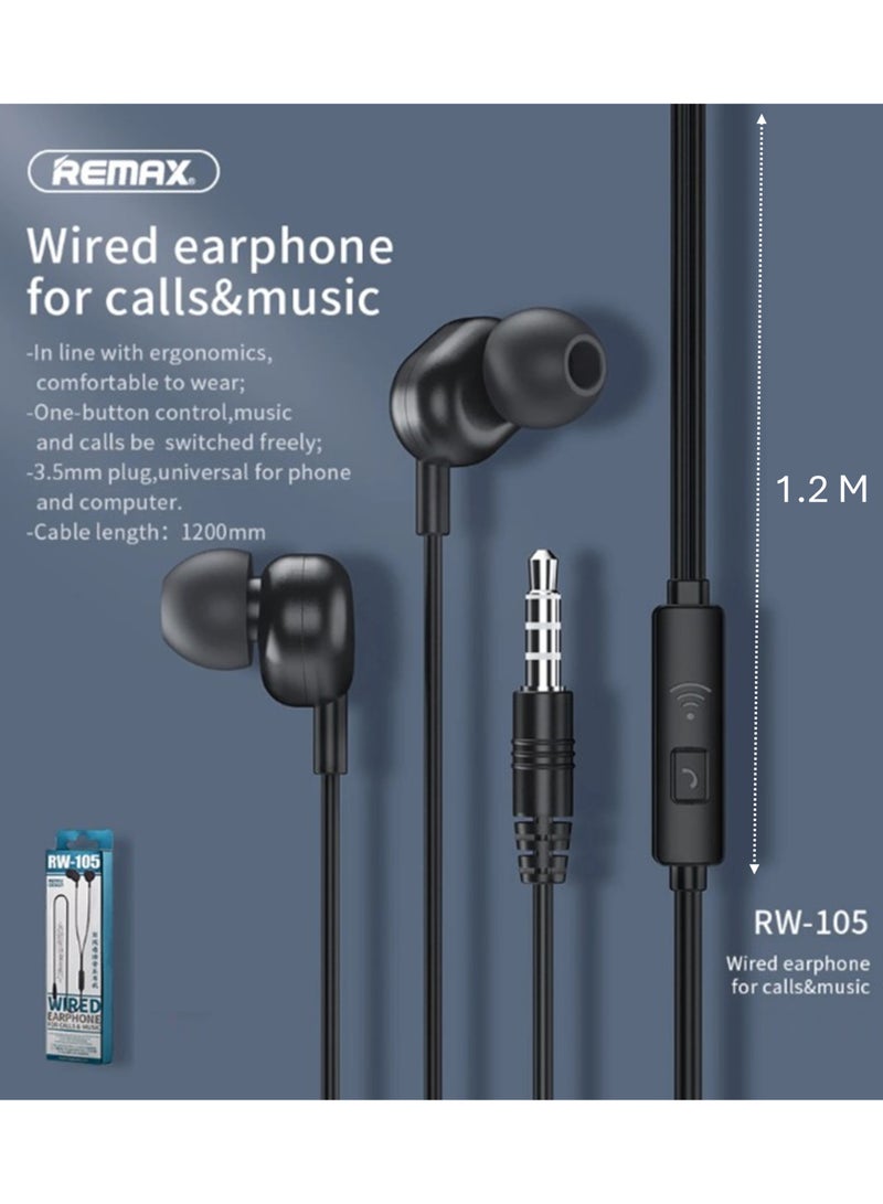 REMAX RW-105 Wired Earphone Stereo Sound Earbuds, In-Ear Headset for Phone Call Music Headphones with Microphone 3.5mm Plug, 1.2 Meters Cable, Comfortable to Wear, Compatible with Desktop Computer Phone - Image 1