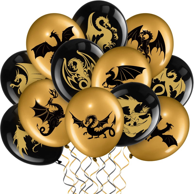 Zomiboo 50 Pieces Dragon Theme Party Supplies Dragon Theme Party Balloons Black Gold Birthday Decoration Picks for Fantasy Supplies 12 Inches - Image 3
